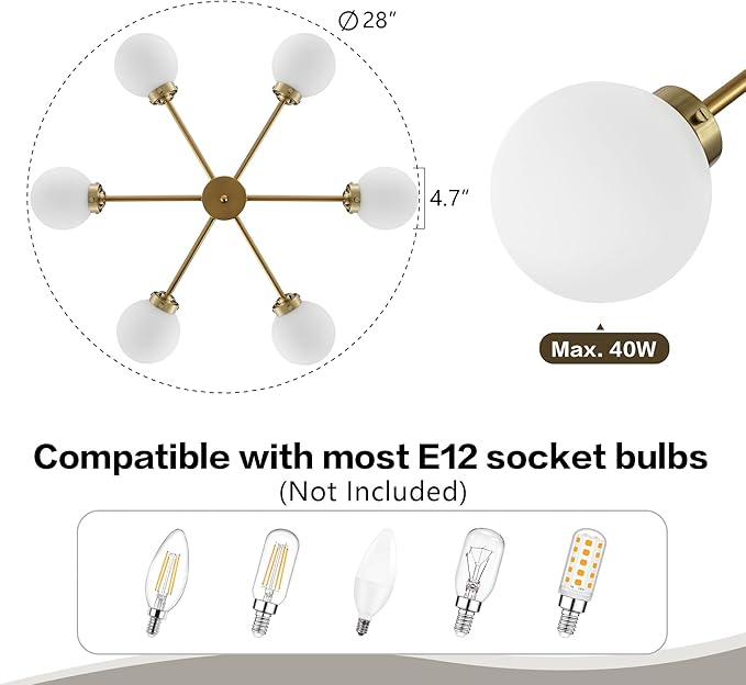 WINGBO 6-Light Sputnik Chandelier, Modern Pendant Light Fixture with 4.7" Opal White Glass Globe Shade for Flat and Slop Ceiling, Height Adjustable for Kitchen Living Room Dining Room Bedroom, Gold