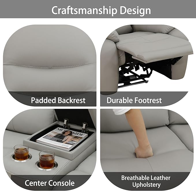 Power Recliner Sofa Set with LED, Air Leather Living Room Furniture Set, 3 Piece Couch Reclinig Furniture Set with USB Port, Cup Holders&Storage for Living Room (Light Grey)