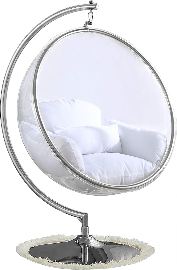 Meridian Furniture 507White Luna Collection Modern | Contemporary Clear Acrylic Accent Swing Chair with Durable Metal Base and Fabric Seat, White, Chrome Finish, 41.5" W x 29.5" D x 64" H