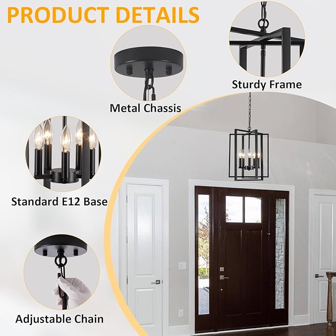 Black Modern Farmhouse Chandelier for Dining Room, 5-Light Pendant Lights Fixtures for Kitchen Island, Foyer Lighting Fixtures High Ceiling for Entryway Hallway Living Room Bedroom