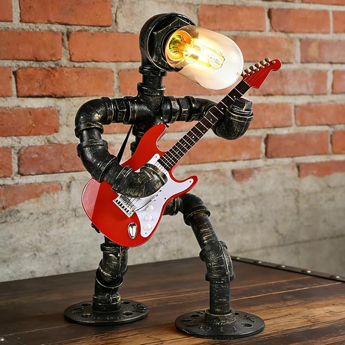 Steampunk Table Lamp with Mini Electric Guitar, Cool Gifts for Music Lovers, Creative Steampunk Lamp Electric Guitar Table Lamp Decor Retro Light Industrial Robot Light