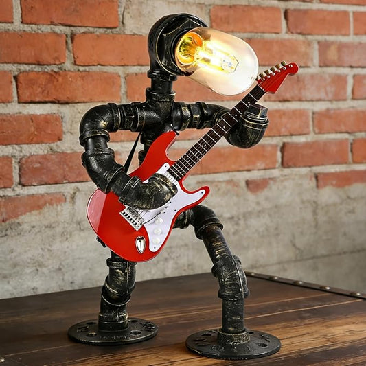 Steampunk Table Lamp with Mini Electric Guitar, Cool Gifts for Music Lovers, Creative Steampunk Lamp Electric Guitar Table Lamp Decor Retro Light Industrial Robot Light