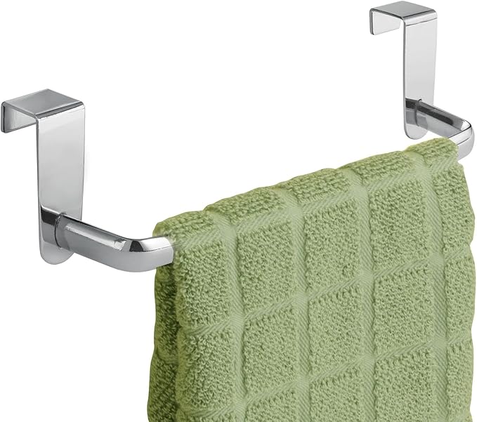 mDesign Steel Metal Wire Over Cabinet Towel Rack Storage Organizer - Hang on Cabinet or Door - Towel Bar Holder for Kitchen - Holds Hand Towels, Washcloths - Spira Collection - Chrome