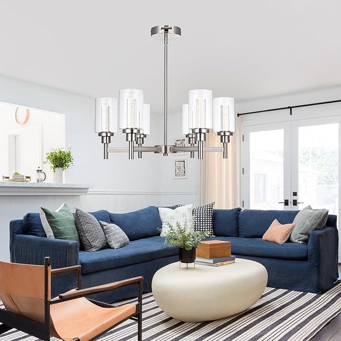 VINLUZ 6 Ceiling Light Industrial Chandelier Brush Nickel Pendant Lighting Hanging Fixture with Cylinder Clear Glass for Kitchen Bedroom Dining Room