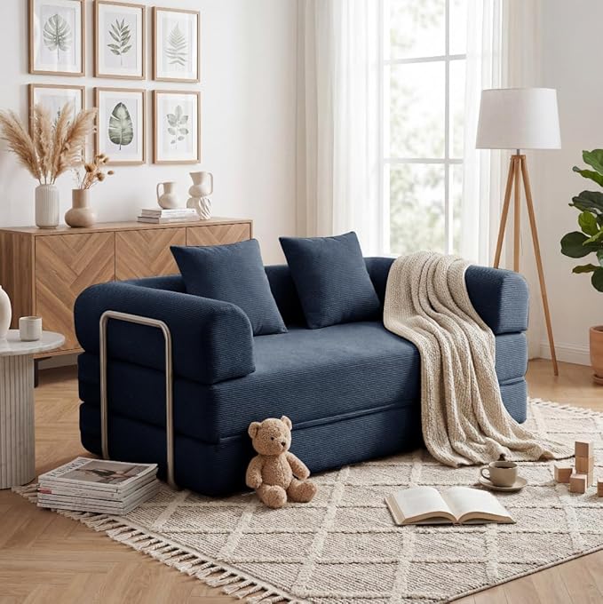 53.15'' Convertible Compressed Corduroy Folding Sofa Bed, Modern Boneless Pull Out Loveseat Sleeper in a Box, 4 in 1 Floor Mattress Futon Cloud Couch, No Assembly Needed, Navy Blue, 2 Pillows, Full
