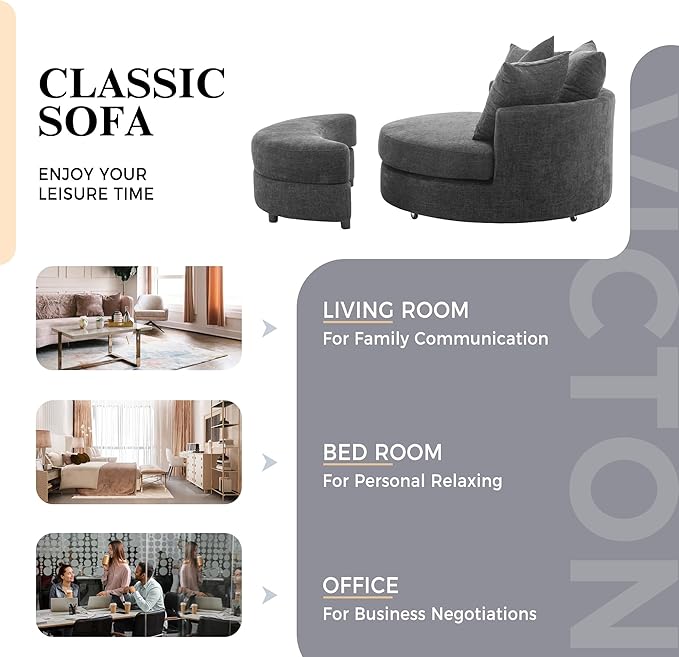 ERYE Oversized Round Accent Barrel Chair with Storage Ottoman and 360 Swivel Base, Modern Chenille Upholstered Leisure Recliner Armchair for Living Room Bedroom