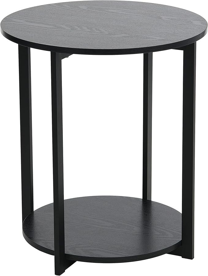 Household Essentials Jamestown Round Side End Table with Storage Shelf Black Oak Wood Grain and Black Metal