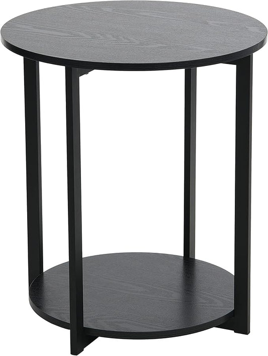Household Essentials Jamestown Round Side End Table with Storage Shelf Black Oak Wood Grain and Black Metal