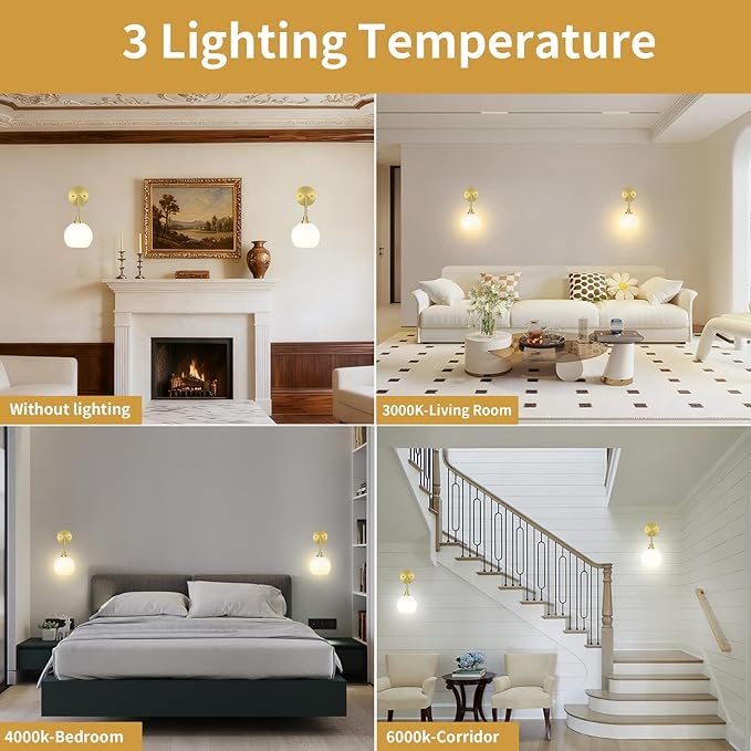 Battery Operated Wall Sconces Set of 2, Gold Rechargeable Wireless Wall Lights with Milky White Shade, 12 RGB and 3CCT Dimmable Wall Lamps with Remote for Bedroom Living Room Hallway