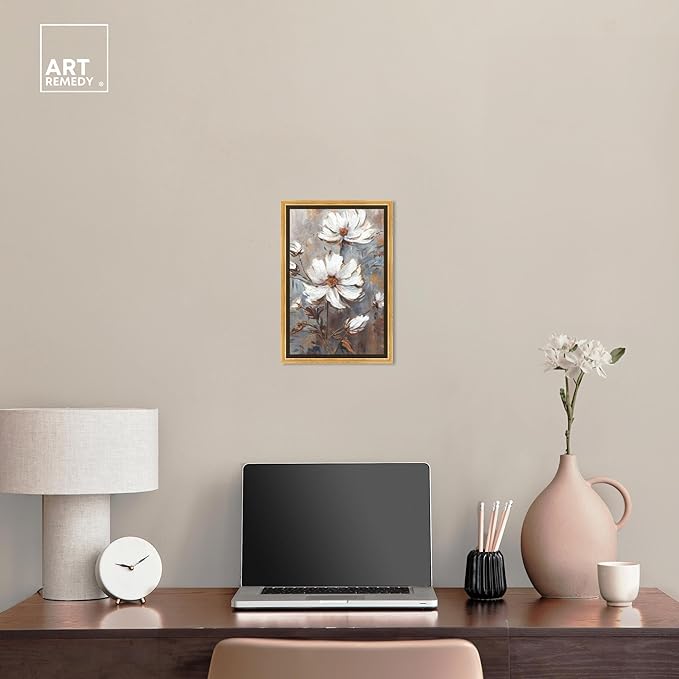 Art Remedy White Textured Flowers Canvas Elegant Floral Wall Art, Gold Frame, 10" x 15"