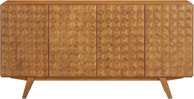 NTC Sapa Mid-Century Modern Solid Wood Sideboard – 4-Door Accent Buffet Cabinet with Carved Geometric Fronts, for Living Room, or Entryway, Effortless Assembly, Teak Look