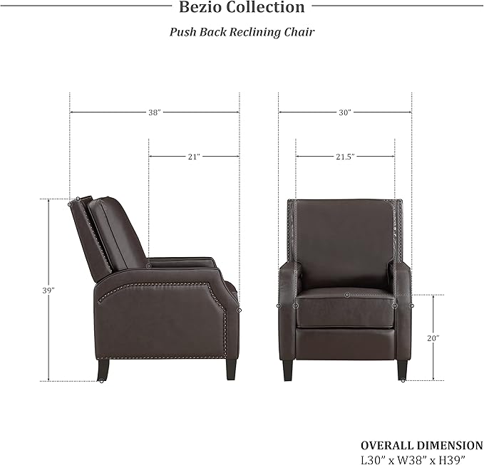 Lexicon Pushback Recliner Chair, Faux Leather Armchair Push Back Recliner, Nailhead Trim, Solid Wood Legs, Easy Assembly for Living Room/Office/Apartment, Dark Brown