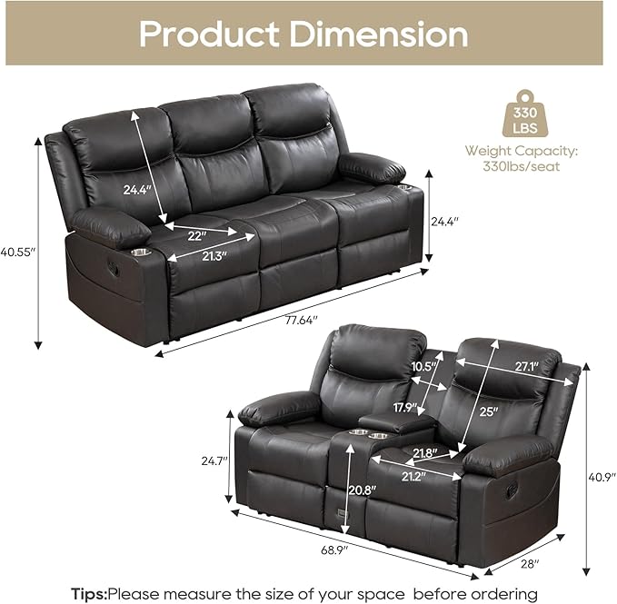 Recliner Sofa Set - Reclining Sofa Couch Set, 2 Pieces Recliner Furniture Sofa Set, 3-Seater Reclining Sofa & 2-Seater Reclining Loveseat with Massage & Heat for Living Room (Grey) | Side Pocket, Hidden Drawer, Cup Holder