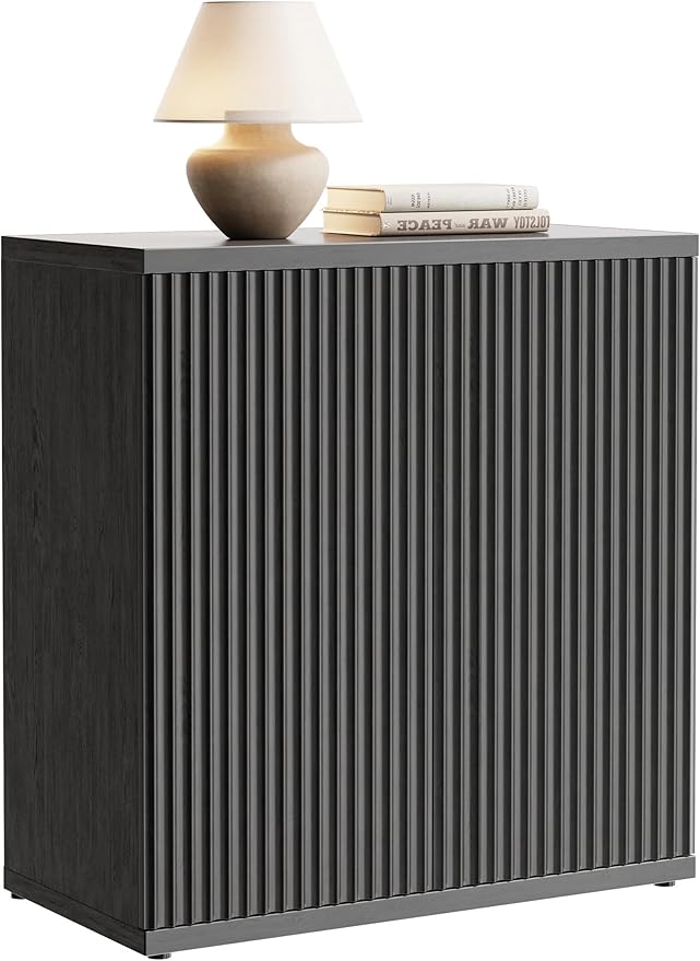 Fluted Buffet Cabinet Sideboard with Storage, Wooden Credenza with 2 Doors & Adjustable Shelf, Modern 15" Deep Accent Cabinet for Living Room, Kitchen Dining Room Entryway,Black