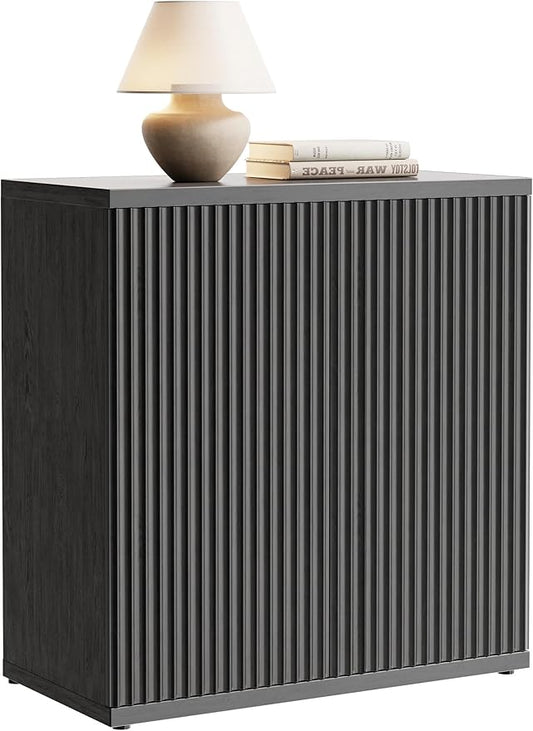 Fluted Buffet Cabinet Sideboard with Storage, Wooden Credenza with 2 Doors & Adjustable Shelf, Modern 15" Deep Accent Cabinet for Living Room, Kitchen Dining Room Entryway,Black