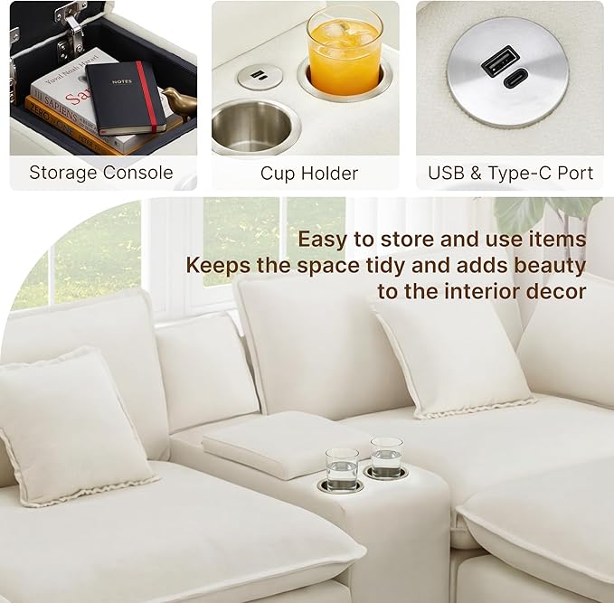 122" Oversized Modular Sectional Sofa with Storage Console,L-Shaped Cloud Couch with Movable Ottoman,Deep Seat,Thick Cushions, Multi Functional Console with USB & 2 Cup Holder,Sofa Set for Living Room | Wood Frame