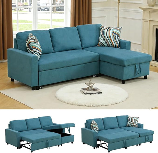 83 Inch Pull Out Couch, Convertible Sofa Bed for Living Room, Comfortable Sleeper Sofa with Pull Out Bed, Modern Sectional Couches with Storage Chaise, Easy Assembly for Apartment, Blue