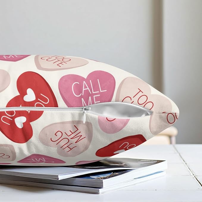 Valentines Conversation Heart Pillow Cover 20x20 Set of 2 Valentines Day Outdoor Red Pink Hearts Throw Pillow Covers Cute Candy Heart Pillowscase for Living Room Couch Sofa