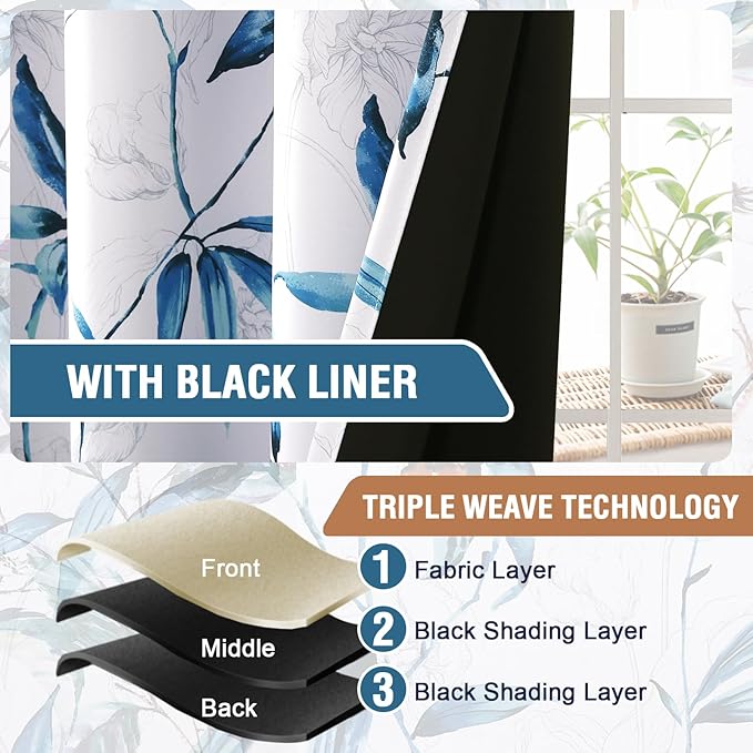 H.VERSAILTEX 100% Blackout Curtains 96 inch Length 2 Panels Set Printed Drapes Thermal Insulated Curtains for Bedroom with Black Liner Sound Proof Curtains, Bella Vista Indigo