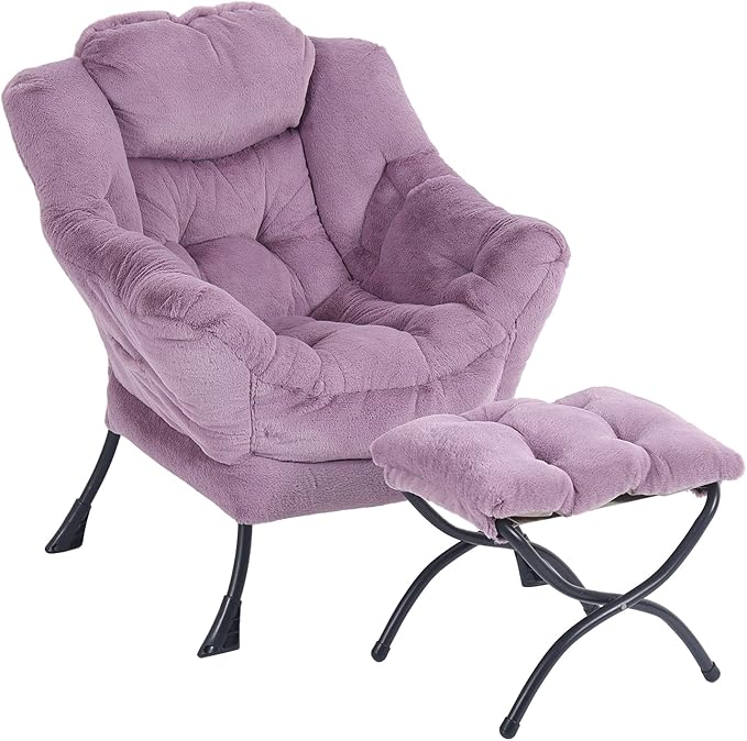 Lazy Chair with Ottoman, Modern Chair with Folding Footrest, Plush Purple Accent Chair, Comfortable Reading Chair, Oversized Armchairs for Bedroom, Study, Living Room, Courtyard