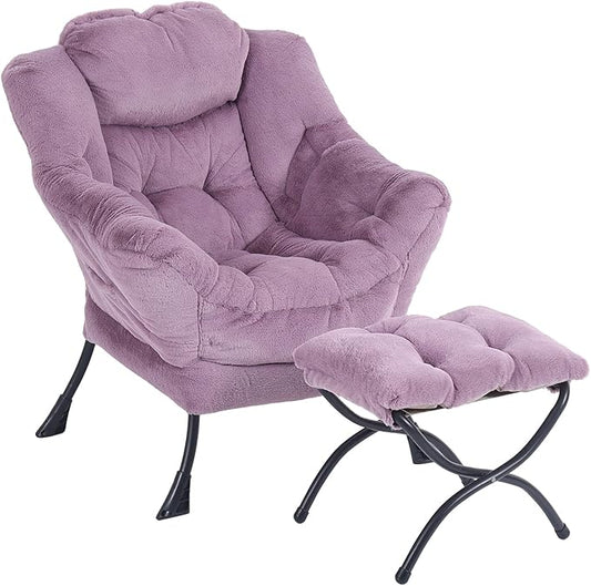 Lazy Chair with Ottoman, Modern Chair with Folding Footrest, Plush Purple Accent Chair, Comfortable Reading Chair, Oversized Armchairs for Bedroom, Study, Living Room, Courtyard