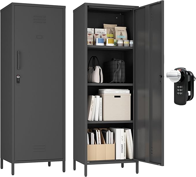 Metal Storage Cabinet, Steel File Locker with 3 Shelves 59.06-inch high for School, Living Room, Bedroom, (Black, H59.06'')