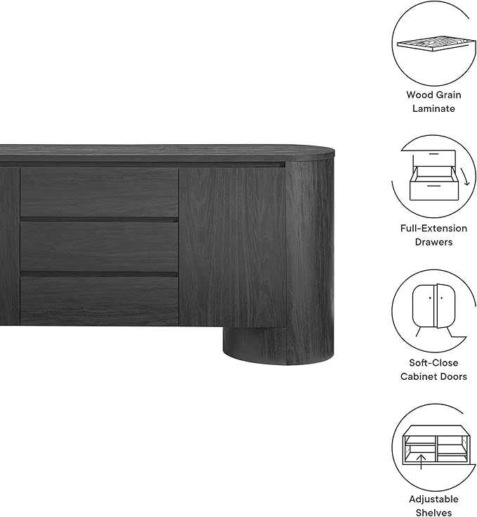 Modway Duval Oval Wood Grain 71 Inch Sideboard with Doors and Drawers in Black