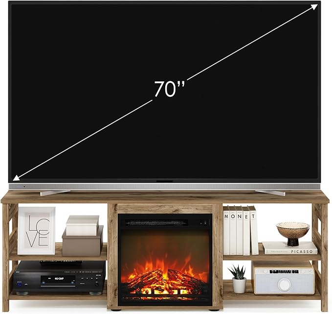 Furinno Classic Fireplace TV Stand, Entertainment Center, TV Console for TV up to 70 Inch with Fireplace, for Living Room, Bedroom, Flagstaff Oak