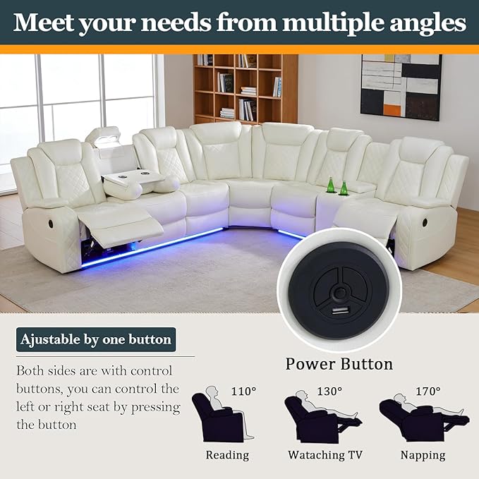 Power Recliner Sectional Sofa Set, Creamy Leather Sectional Couch and Chair for Living Room, L Shape Reclining Sofa with Cup Holder, Hidden Storage, Coffee Table for House(7 Seat)