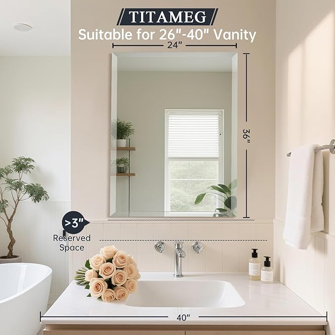 24x36 Inch Frameless Wall Mirror with 1" Beveled Edge, Frameless Rectangle Mirror for Bathroom, Vanity, Living Room