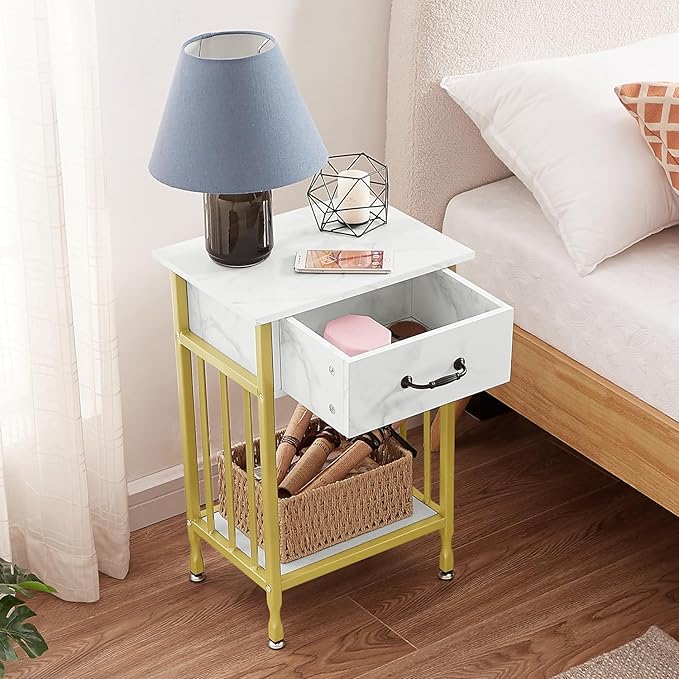 VECELO Night Stand Set 2 with Drawer and Storage Shelf,15.7x11.8x23.6 inches Bedside Table End Table,Wood Nightstands for Bedroom, Living Room,Sofa,Gold+White,2 Sets