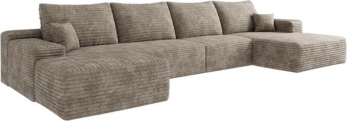 135.4" Oversized U Shaped Modular Sectional Sofa Cloud Couch with Chaise Lounge and Movable Ottoman, Fluffy Corduroy Upholstered Boneless Sofa Deep Seat Couches w/Pillows for Living Room Apartment