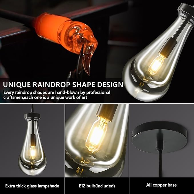 Raindrop Pendant Light Kitchen Island, Modern Black Teardrop Pendant Lights,Dimmable Rain Pendant Lighting Dining Room Light Fixture Bronze Raindrop Lighting for Living Room Hallway, Including Bulb