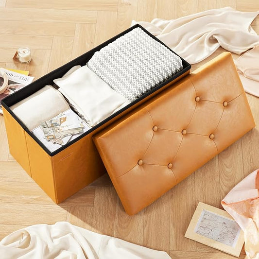 HAUSFRAU - Storage Ottoman Bench, 30 Inches Button Tufted Upholstered Ottoman Footstool with Storage for Living Room Bedroom Entryway, Load 660 lb, Synthetic Leather, Caramel