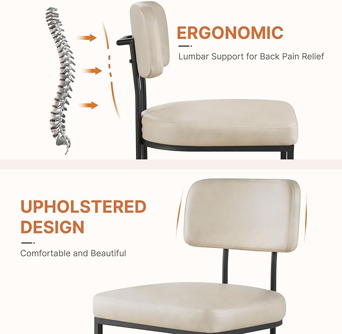 Dining Chairs Set of 2, Upholstered Modern Kitchen Chairs with Ergonomic Backrest, Faux Leather Cushion Seat & Curve Metal Legs for Living Room, Restaurant, and Café, Beige