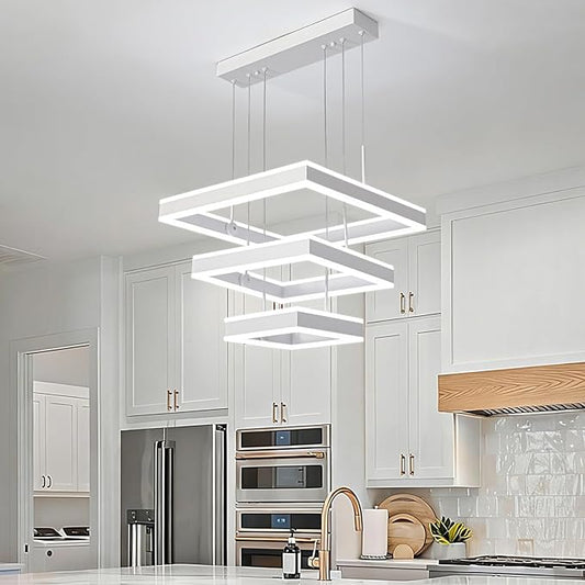O'NEELDY Modern LED Chandeliers White Square Rings Pendant Light Fixture with Hanging Cord Flush Mount Square Modern Chandeliers for Kitchen Island Dining Room