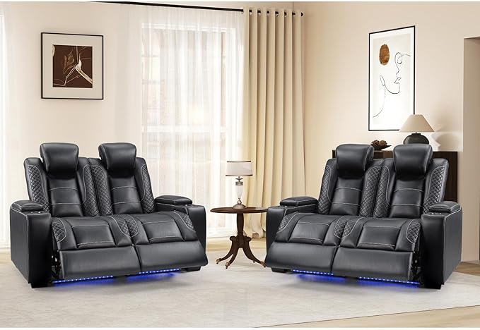 ANJ Power Reclining Loveseat,2 PCS 2-Seater Electric Recliner Sofa with LED Lights, USB Charging & Cup Holders, Faux Leather Living Room Furniture for Home Theater, Small Spaces & RV