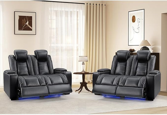 ANJ Power Reclining Loveseat,2 PCS 2-Seater Electric Recliner Sofa with LED Lights, USB Charging & Cup Holders, Faux Leather Living Room Furniture for Home Theater, Small Spaces & RV