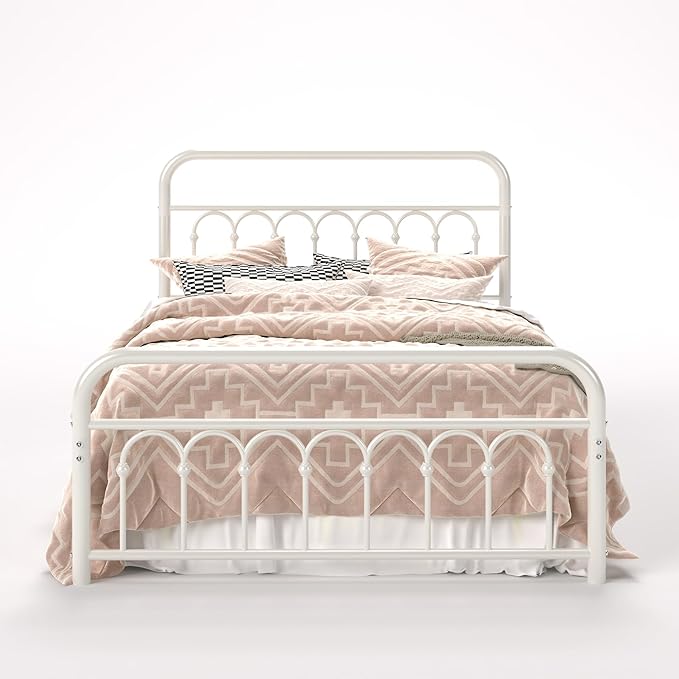 Allewie 14 Inches Full Size Metal Platform Bed Frame with Victorian Style Curved Iron-Art Headboard/Footboard, Metal Slats Support, Easy Assembly, Under Bed Storage, No Box Spring Required, White