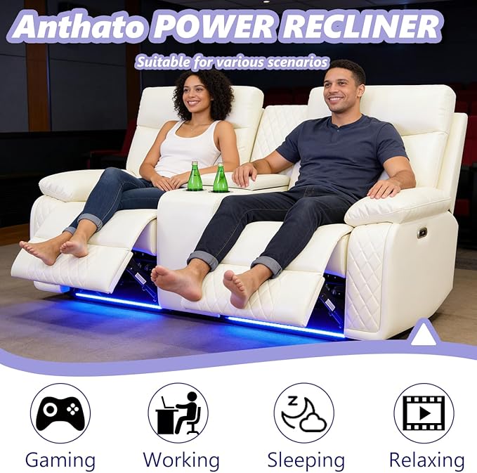 Power Recliner Loveseat, Living Room Furniture Sets, Breathing Leather Reclining Sofa Loveseat, 2 Seater Reclining Couch with Cup Holders/Storage/Charging for Living Room/Office, Cream White