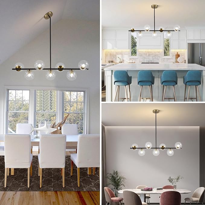 KCO Lighting Black and Brass Chandelier Light Fixture 7 Light Clear Glass Bubble Chandelier Modern Large Globe Sputnik Chandeliers Farmhouse Gold Linear Kitchen Pendant Lighting