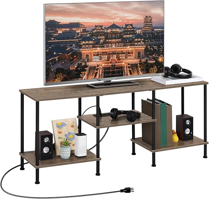 50 inch TV Stand for Living Room Small Entertainment Center with Storage Shelf & Power Outlets, Modern Farmhouse TV Console Table Media Cabinet for Bedroom, Rustic Grey
