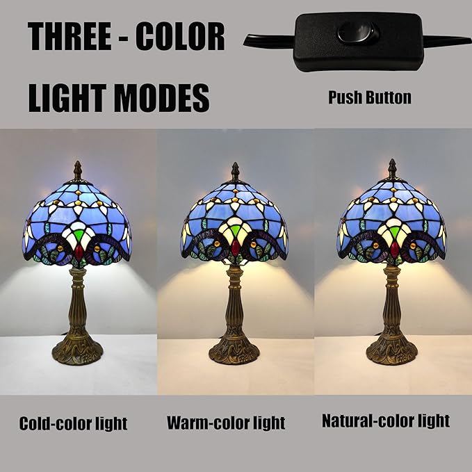 Tiffany Table Lamp 3-Way Light Handmade Bedside Lamp Small Desk Night Lamp Stained Glass Antique 15inch Tall Desk Light for Home Office Bedroom Living Room Study Room, Blue