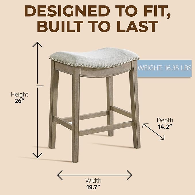 ROME + OAK Set of 3 Parker 26" Counter Stool, Backless Saddle Kitchen Barstool in Reclaimed Oak Finish with Ash Grey Fabric Upholstery Cushion Seat