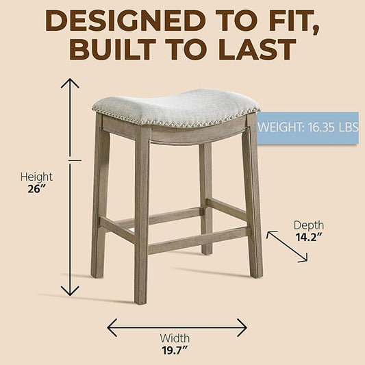 ROME + OAK Set of 3 Parker 26" Counter Stool, Backless Saddle Kitchen Barstool in Reclaimed Oak Finish with Ash Grey Fabric Upholstery Cushion Seat