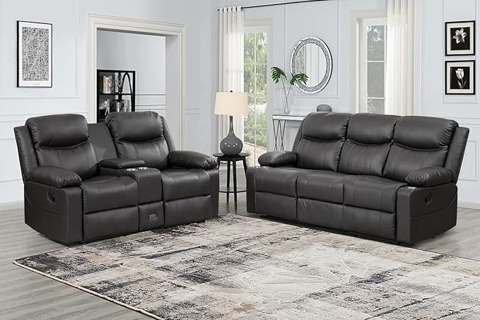 Manual Reclining Sofa Set, Double Recliner Loveseat and 3-Seater Sofa for Living Room, Faux Leather Upholstery with Sturdy Frame & Soft Cushions (Grey)