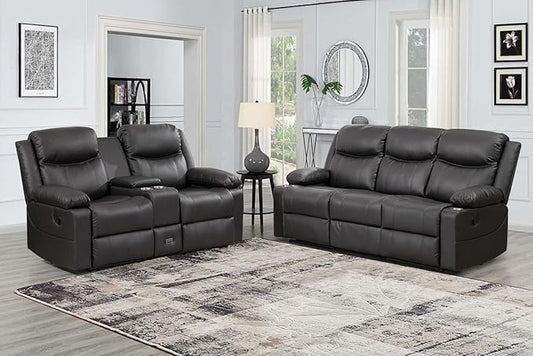 Manual Reclining Sofa Set, Double Recliner Loveseat and 3-Seater Sofa for Living Room, Faux Leather Upholstery with Sturdy Frame & Soft Cushions (Grey)
