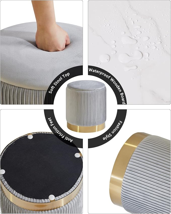 IBUYKE Round Storage Ottoman Set of 2 Ottoman for Dorm Vanity Stool with Storage Velvet FootStools End Table Boucle Ottoman for Home Organization Gray UWBD016G