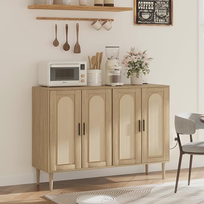 Rattan Sideboard Buffet Cabinet, Boho Accent Storage Cabinet, 4 Doors Console Table Coffee Bar with Power Outlet, Adjustable Shelves for Kitchen, Dining Room, Hallway, Living Room
