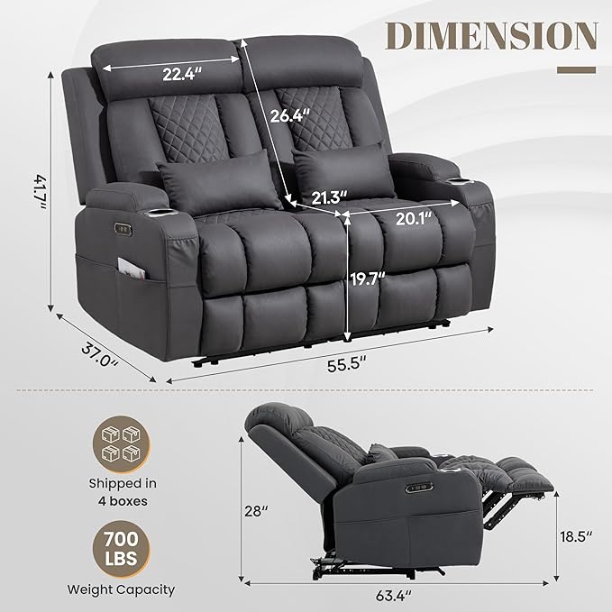 Zero Wall Hugger Power Reclining Loveseat with Adjustable Headrest, Power Loveseat Recliner Sofa with USB&Type-C Ports, Wall Hugger Reclining Loveseat for Living Room (Gray, 2 Seater)